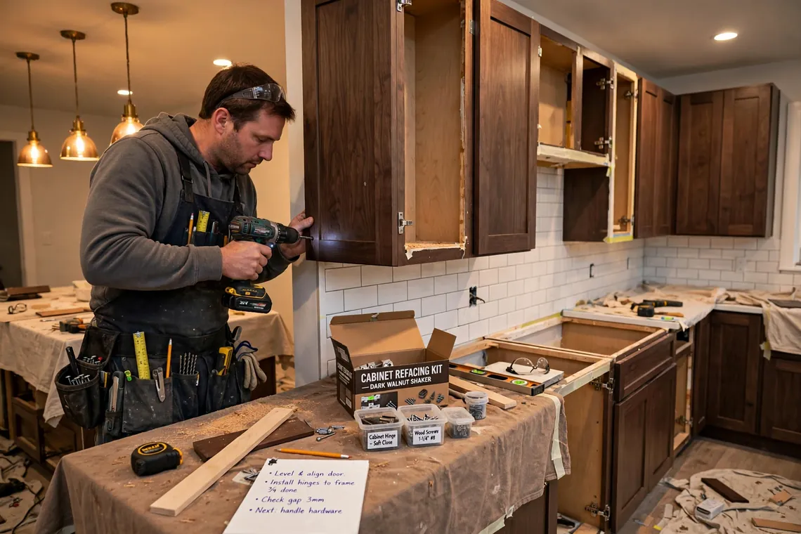 Contractor installing new cabinet doors during a refacing project