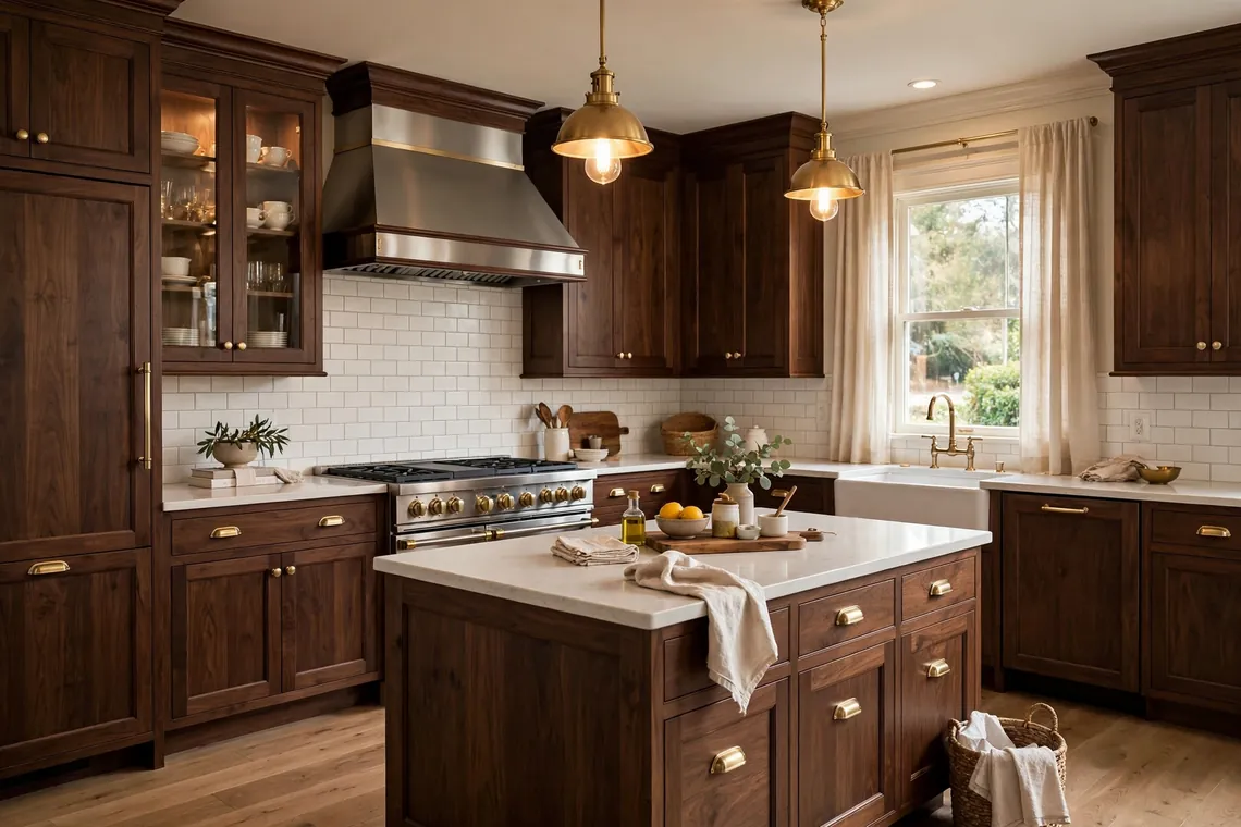 Elegant kitchen with refaced dark wood cabinets and brass hardware