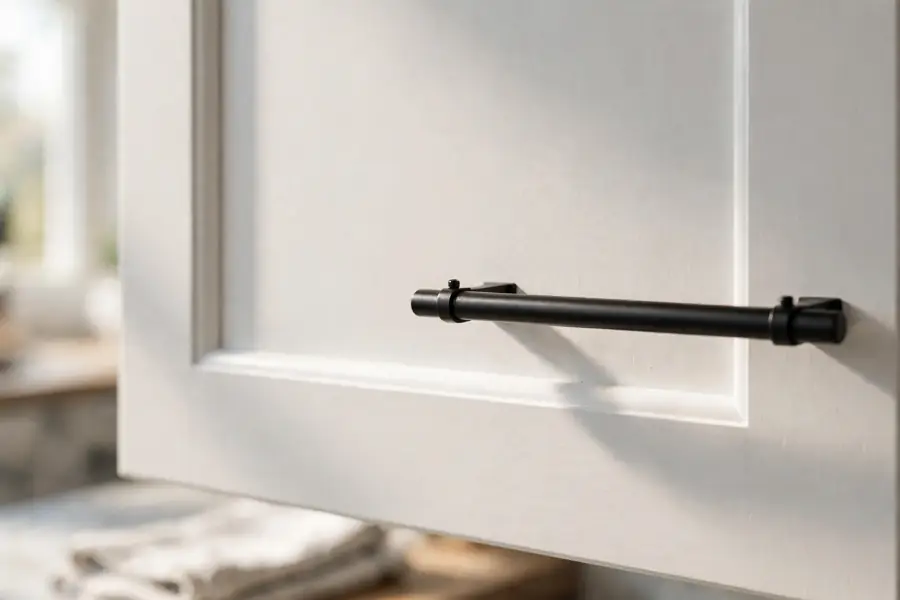 Refaced white shaker kitchen cabinet with matte black bar handle in a Dallas kitchen