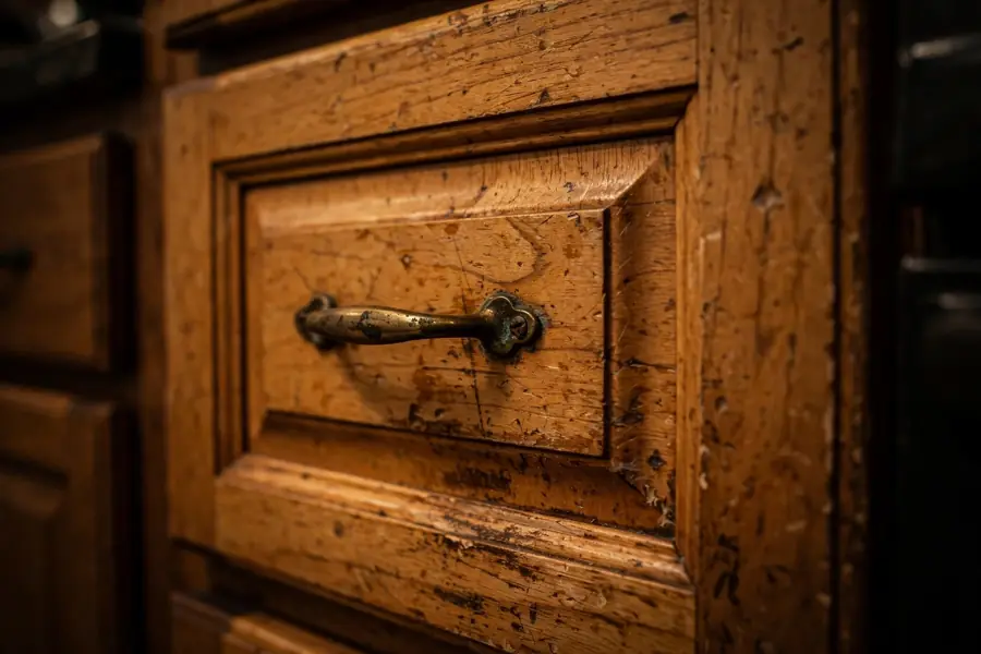 Worn oak kitchen cabinet with dated brass handle before refacing