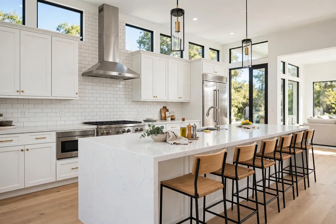Remodeled kitchen in Dallas with new cabinets, quartz countertops, and tile backsplash