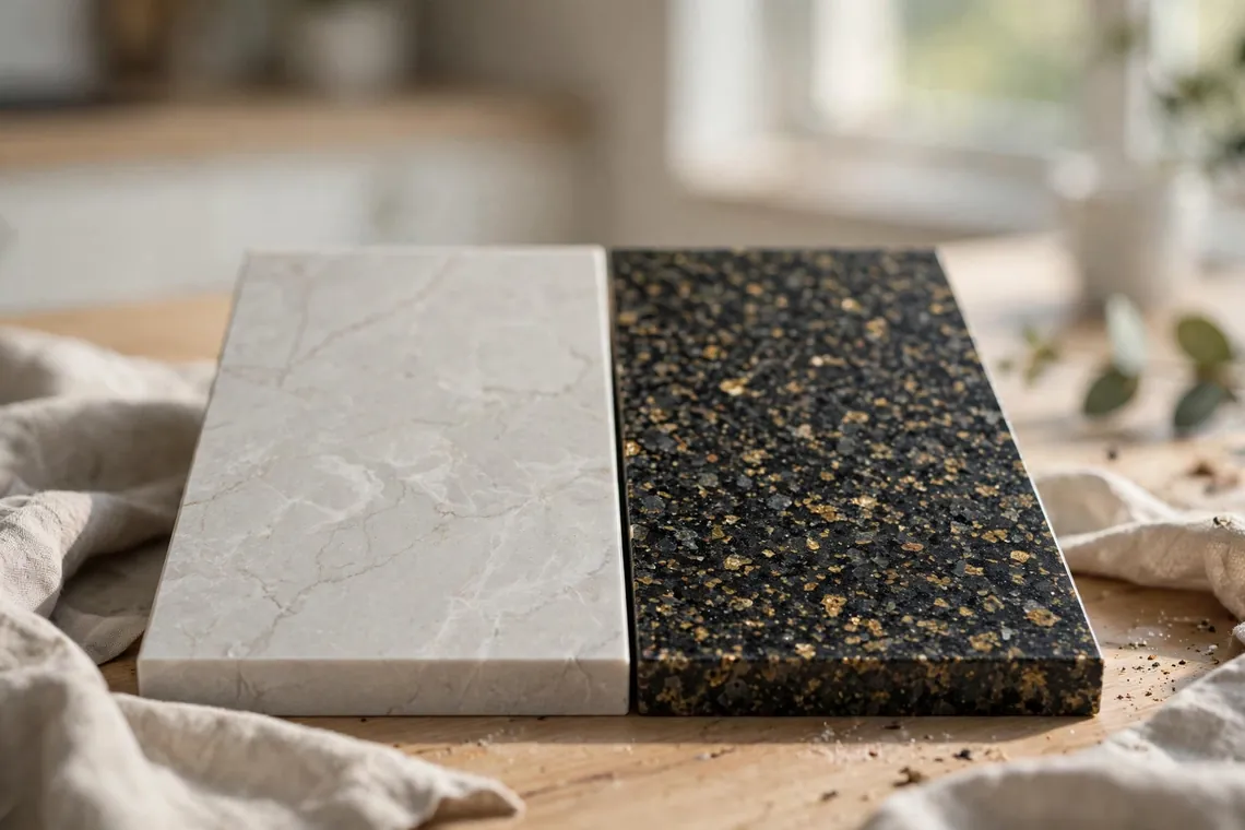 Granite countertops Dallas installation beside a quartz island, material comparison