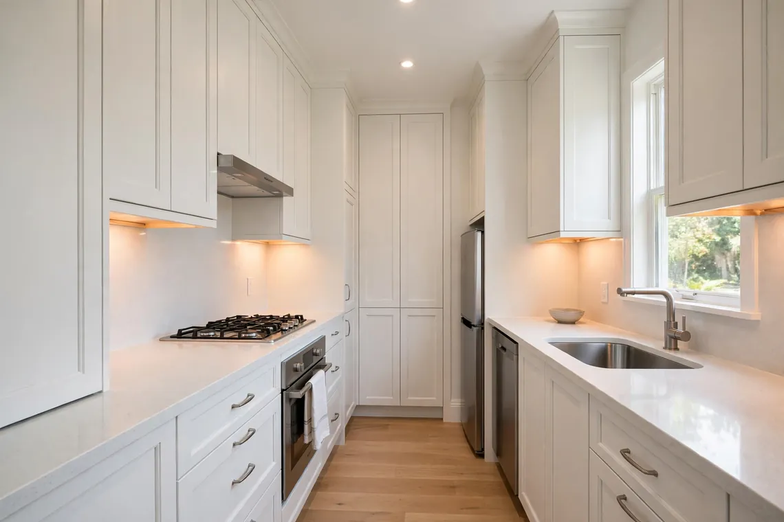 Bright small galley kitchen with white cabinets and under-cabinet lighting